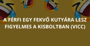 A férfi egy fekvő kutyára lesz figyelmes a kisboltban (Vicc)