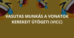 Vasutas munkás a vonatok kerekeit ütögeti (Vicc)